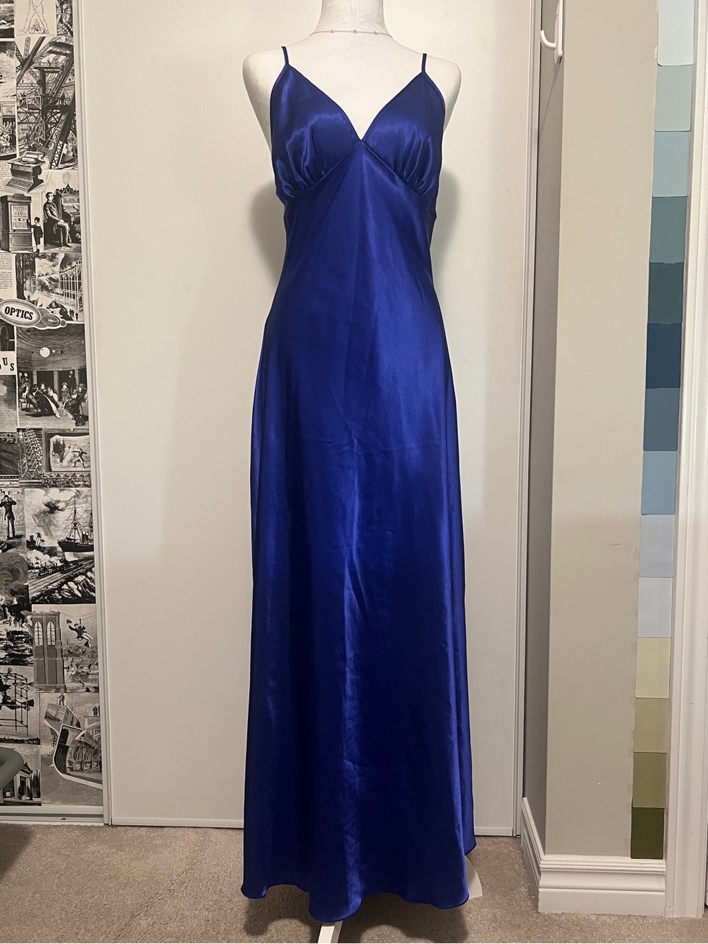 🌙 Vintage Shirley of Hollywood Royal Blue Satin Lace-Back Maxi Slip Dress Large
